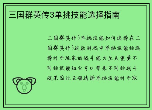 三国群英传3单挑技能选择指南